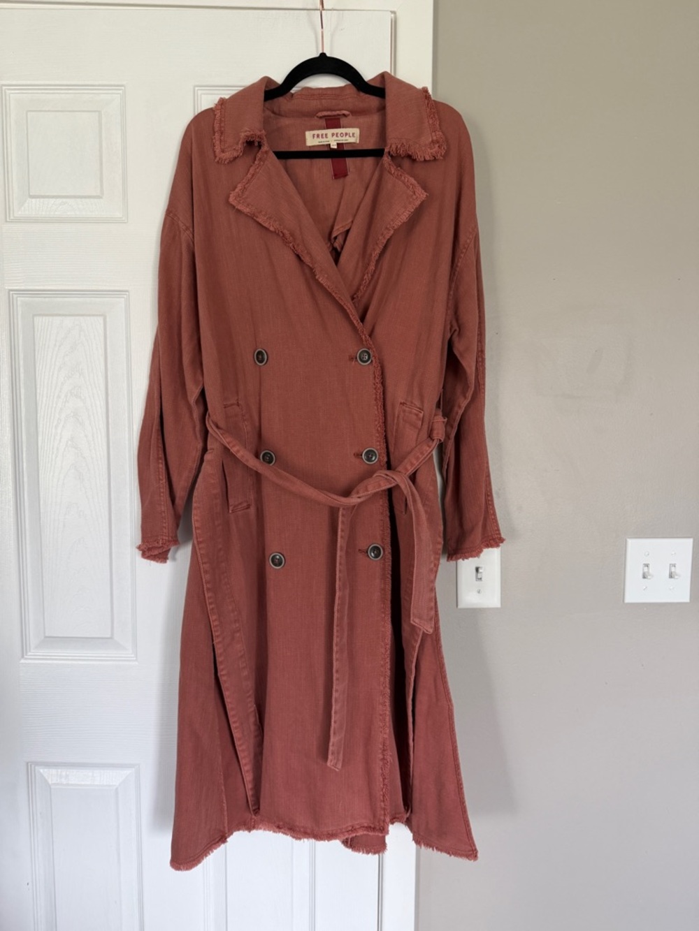 Free People Dusty Rose Long Coat Jacket Belted Double Breasted Trench Coat